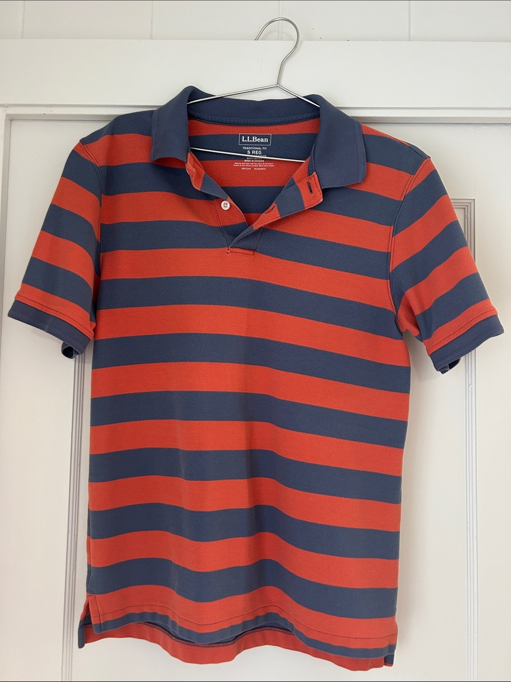L.L. Bean Men's Orange and Navy Blue Wide-Stripe Polo